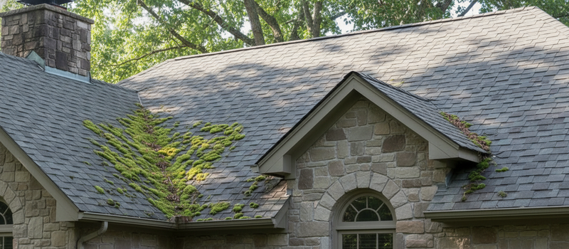 Pre-1940s roof with Pacific Northwest moss growth